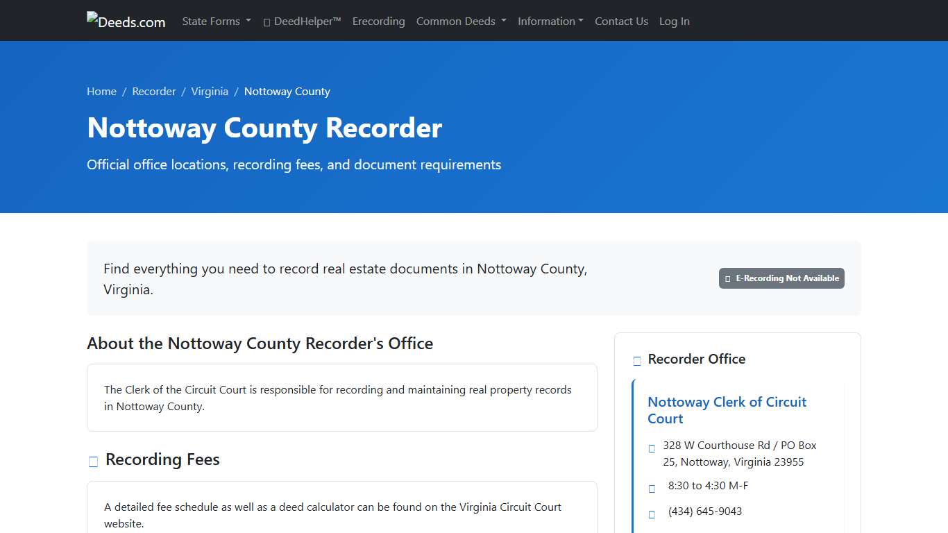 Nottoway County Recorder Information, Virginia - Deeds.com